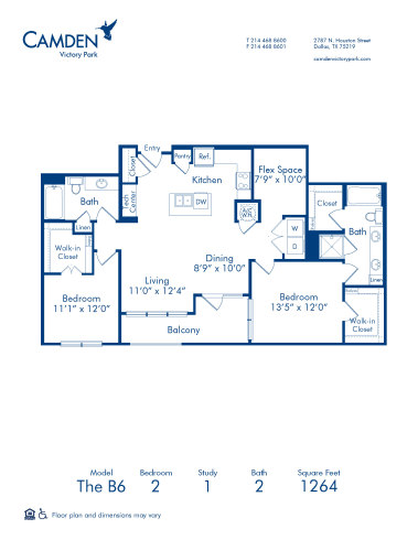 Blueprint of B6 Floor Plan, 2 Bedrooms and 2 Bathrooms at Camden Victory Park Apartments in Dallas, TX