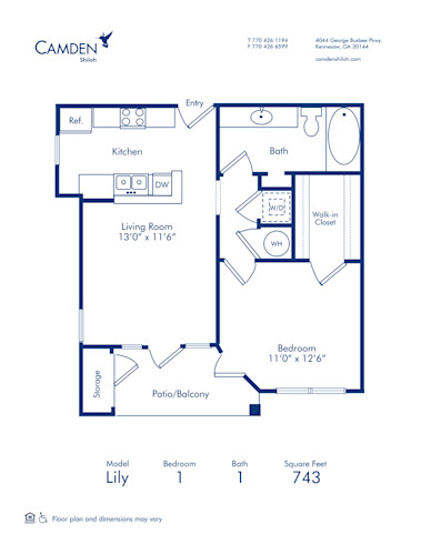 Blueprint of Lily Floor Plan, 1 Bedroom and 1 Bathroom at Camden Shiloh Apartments in Kennesaw, GA