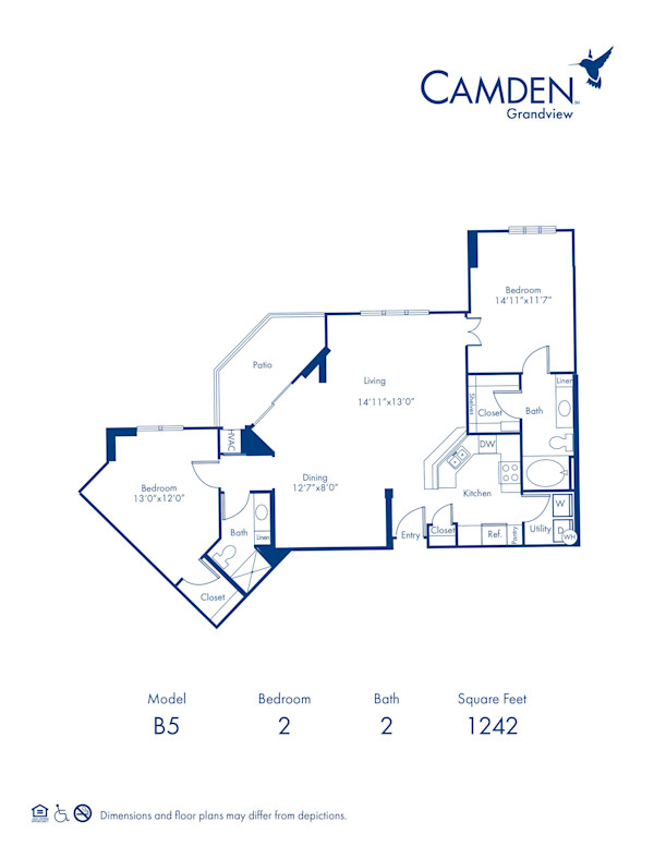 Blueprint of The Myers Park Floor Plan, 2 Bedrooms and 2 Bathrooms at Camden Grandview Apartments in Charlotte, NC