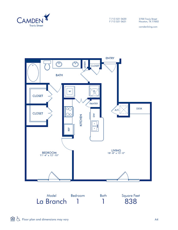 Blueprint of La Branch Floor Plan, 1 Bedroom and 1 Bathroom at Camden Travis Street Apartments in Houston, TX