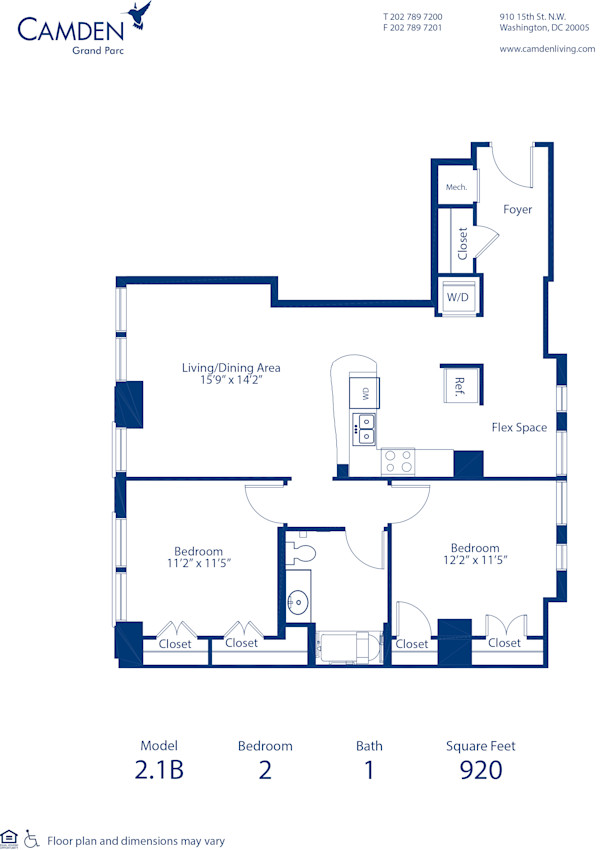Blueprint of 2.1B Floor Plan, 2 Bedrooms and 1 Bathroom at Camden Grand Parc Apartments in Washington, DC
