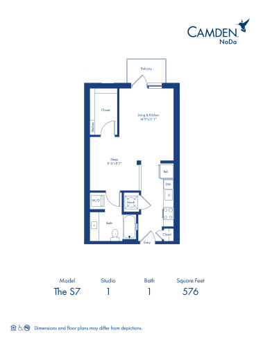 The S7 floor plan, studio with 1 bath at Camden NoDa Apartments in Charlotte, NC