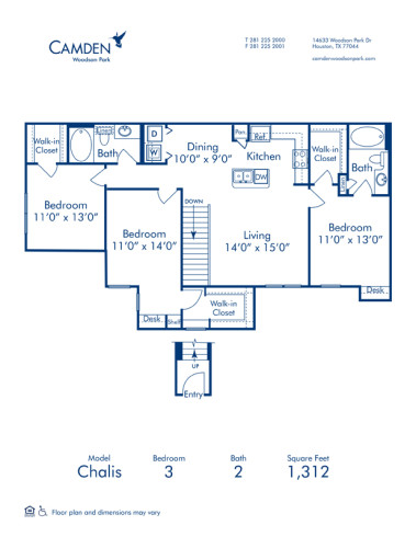 Blueprint of Chalis Floor Plan, 3 Bedrooms and 2 Bathrooms at Camden Woodson Park Apartments in Houston, TX