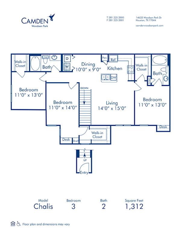 Blueprint of Chalis Floor Plan, 3 Bedrooms and 2 Bathrooms at Camden Woodson Park Apartments in Houston, TX