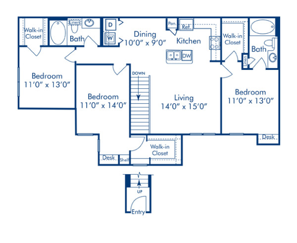 Blueprint of Chalis Floor Plan, 3 Bedrooms and 2 Bathrooms at Camden Woodson Park Apartments in Houston, TX