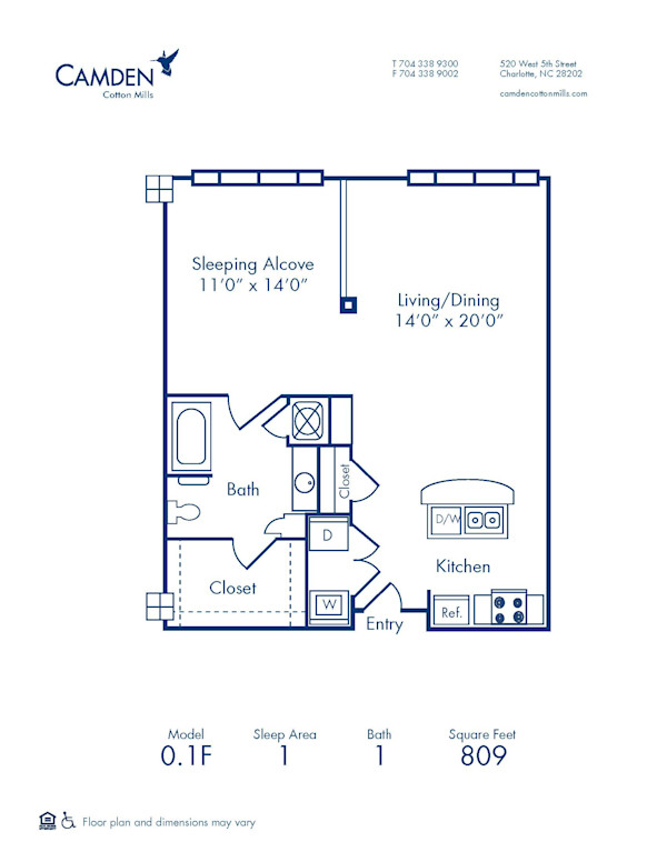 Blueprint of 0.1F Floor Plan, Studio with 1 Bathroom at Camden Cotton Mills Apartments in Charlotte, NC