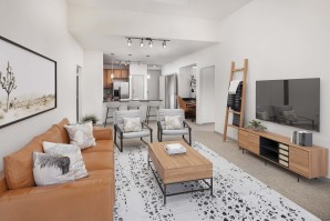 Two-bedroom floor plan living room with high ceilings at Camden Design District apartments in Dallas, TX