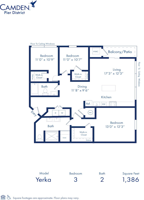 Blueprint of Yerka floor plan, three bedroom two bathroom apartment at Camden Pier District in St. Petersburg, FL