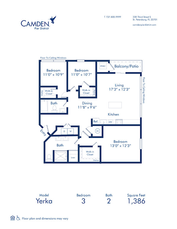 Blueprint of Yerka floor plan, three bedroom two bathroom apartment at Camden Pier District in St. Petersburg, FL
