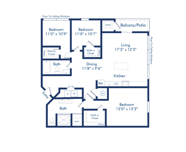 Blueprint of Yerka floor plan, three bedroom two bathroom apartment at Camden Pier District in St. Petersburg, FL
