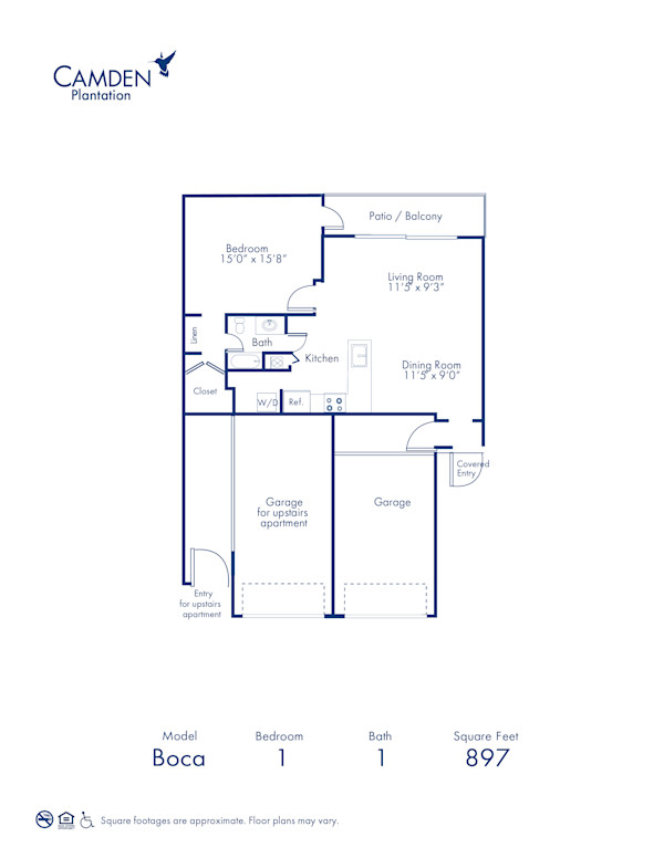 Blueprint of Boca Floor Plan, 1 Bedroom and 1 Bathroom at Camden Plantation Apartments in Plantation, FL
