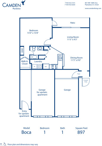 Blueprint of Boca Floor Plan, 1 Bedroom and 1 Bathroom at Camden Plantation Apartments in Plantation, FL