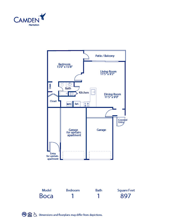 Blueprint of Boca Floor Plan, 1 Bedroom and 1 Bathroom at Camden Plantation Apartments in Plantation, FL