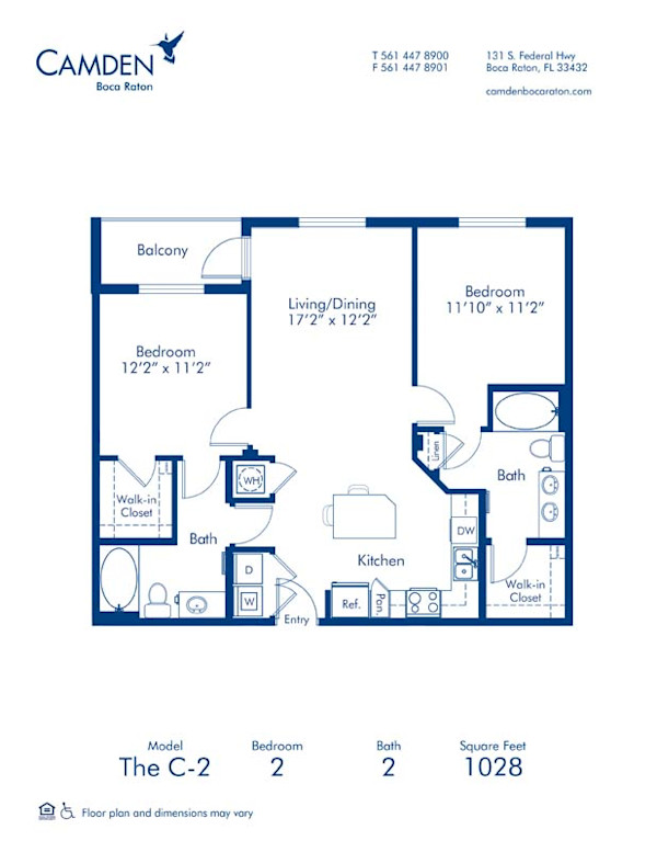 Blueprint of The C-2 Floor Plan, 2 Bedrooms and 2 Bathrooms at Camden Boca Raton Apartments in Boca Raton, FL