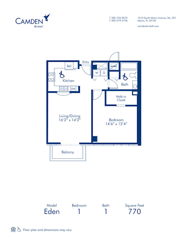 Blueprint of Eden Floor Plan, 1 Bedroom and 1 Bathroom at Camden Brickell Apartments in Miami, FL