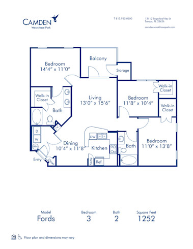 Blueprint of Fords Floor Plan, 3 Bedrooms and 2 Bathrooms at Camden Westchase Park Apartments in Tampa, FL