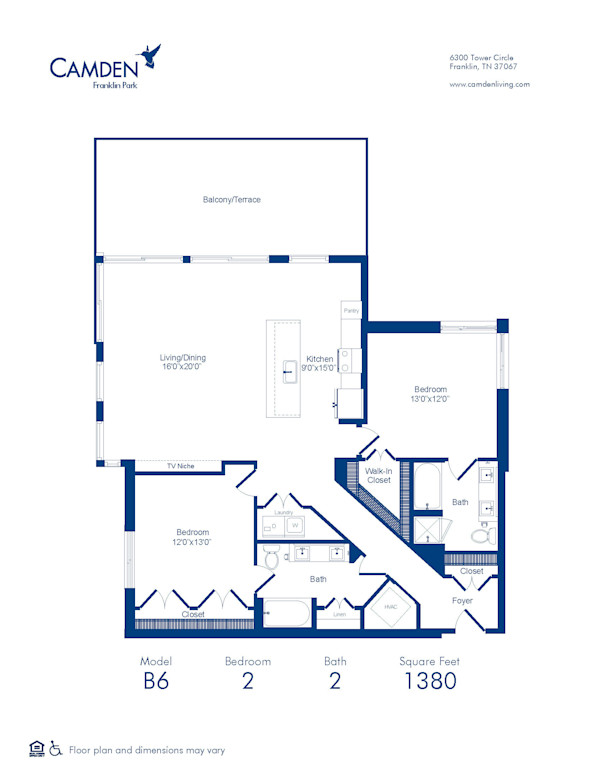 Floor Plan B6 two bedroom at Camden Franklin Park in Franklin, TN