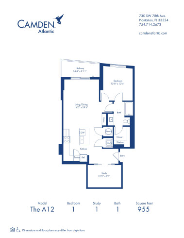 The A12 floor plan, 1 bed, 1 bath apartment home at Camden Atlantic in Plantation, FL