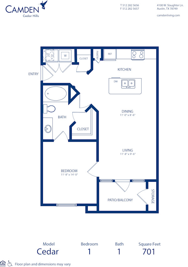 Blueprint of Cedar Floor Plan, 1 Bedroom and 1 Bathroom at Camden Cedar Hills Apartments in Austin, TX