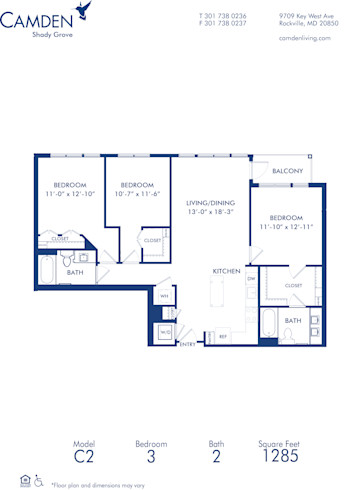 Blueprint of C2 Floor Plan, 3 Bedrooms and 2 Bathrooms at Camden Shady Grove Apartments in Rockville, MD