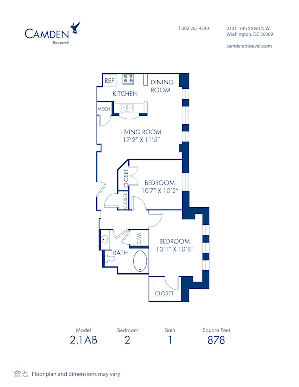 Blueprint of 2.1AB Floor Plan, 2 Bedrooms and 1 Bathroom at Camden Roosevelt Apartments in Washington, DC