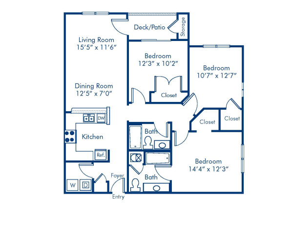 Blueprint of 3.2A Floor Plan, Apartment Home with 3 Bedrooms and 2 Bathrooms at Camden Reunion Park in Apex, NC