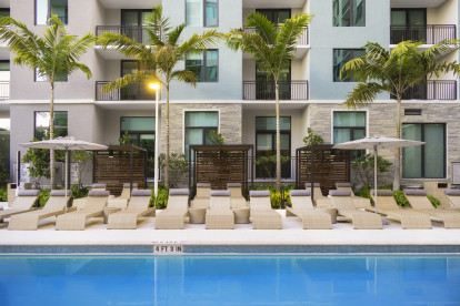 Cabanas at pool at Camden Atlantic apartments in Plantation, Florida