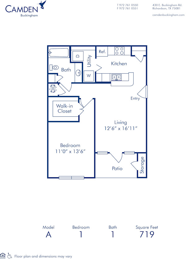 Blueprint of A Floor Plan, 1 Bedroom and 1 Bathroom at Camden Buckingham Apartments in Richardson, TX
