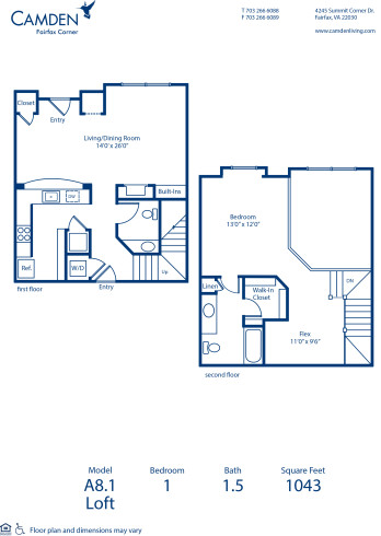 Blueprint of A8.1 Floor Plan, 1 Bedroom and 1.5 Bathrooms at Camden Fairfax Corner Apartments in Fairfax, VA