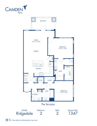 Blueprint of Ridgedale Floor Plan, 2 Bedrooms and 2 Bathrooms at Camden Paces Apartments in Atlanta, GA