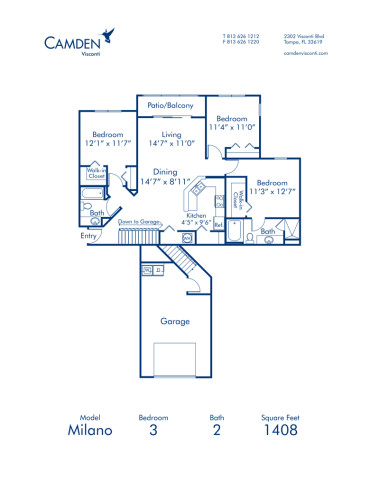 Blueprint of Milano Floor Plan, 3 Bedrooms and 2 Bathrooms at Camden Visconti Apartments in Tampa, FL