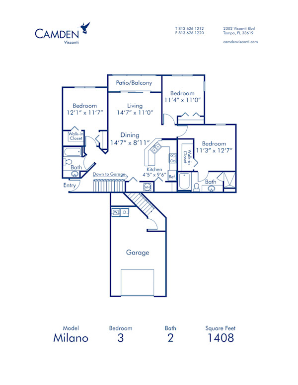 Blueprint of Milano Floor Plan, 3 Bedrooms and 2 Bathrooms at Camden Visconti Apartments in Tampa, FL