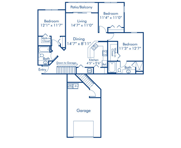 Blueprint of Milano Floor Plan, 3 Bedrooms and 2 Bathrooms at Camden Visconti Apartments in Tampa, FL
