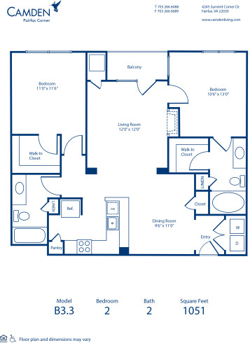 Blueprint of B3.3 Floor Plan, 2 Bedrooms and 2 Bathrooms at Camden Fairfax Corner Apartments in Fairfax, VA