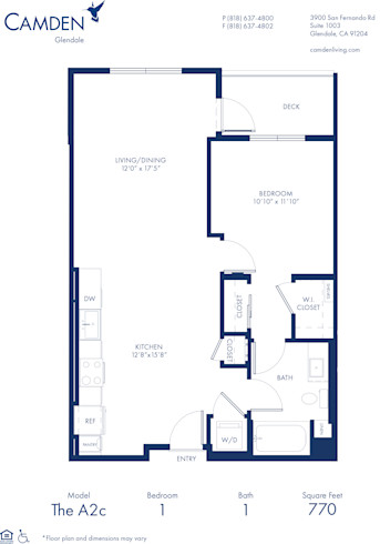 Blueprint of A2C Floor Plan, 1 Bedroom and 1 Bathroom at Camden Glendale Apartments in Glendale, CA