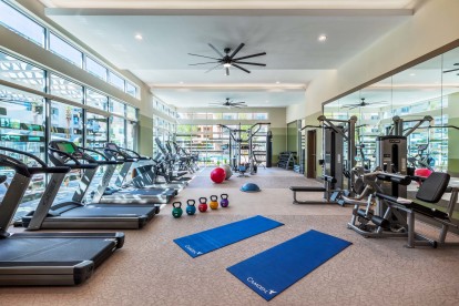Fitness center free weights and room for stretching
