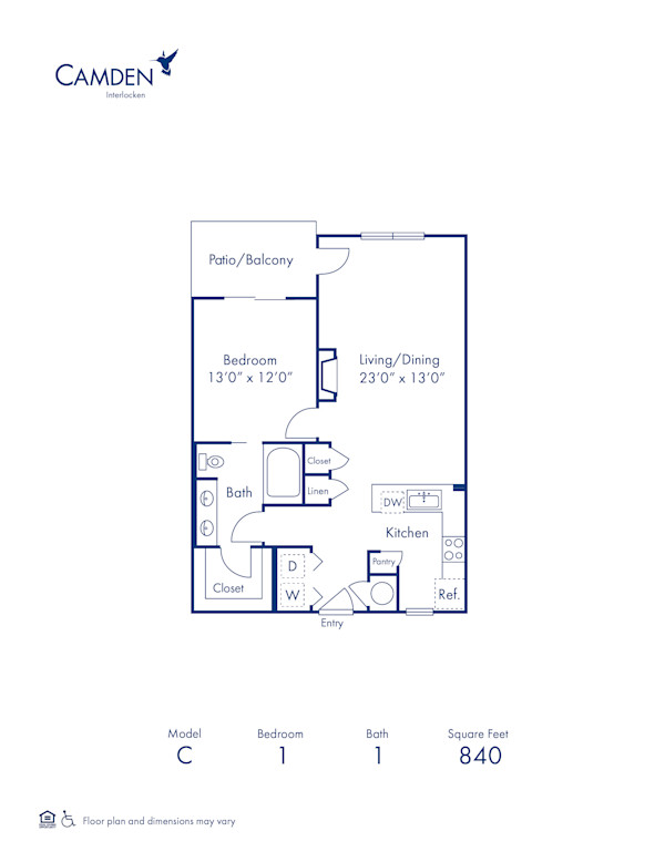 Blueprint of C Floor Plan, 1 Bedroom and 1 Bathroom at Camden Interlocken Apartments in Broomfield, CO