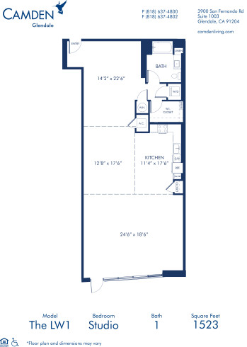 Blueprint of Live Work 1 Floor Plan, Studio with 1 Bathroom at Camden Glendale Apartments in Glendale, CA