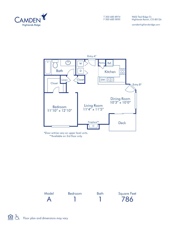 Blueprint of A Floor Plan, 1 Bedroom and 1 Bathroom at Camden Highlands Ridge Apartments in Highlands Ranch, CO