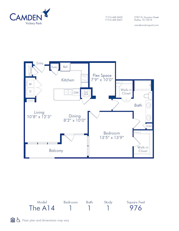 Blueprint of A14 Floor Plan, 1 Bedroom and 1 Bathroom at Camden Victory Park Apartments in Dallas, TX