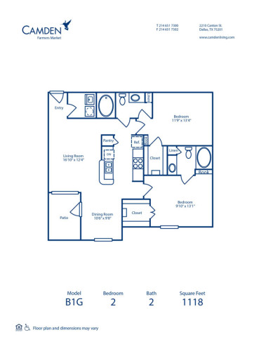 Blueprint of B1G Floor Plan, Apartment Home with 2 Bedrooms and 2 Bathrooms at Camden Farmers Market in Dallas, TX