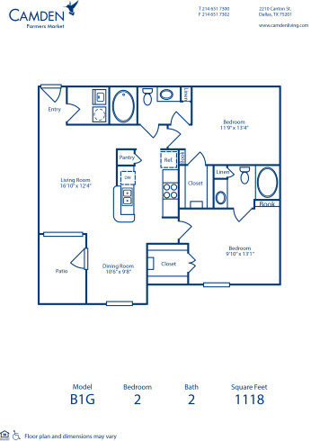 Blueprint of B1G Floor Plan, Apartment Home with 2 Bedrooms and 2 Bathrooms at Camden Farmers Market in Dallas, TX
