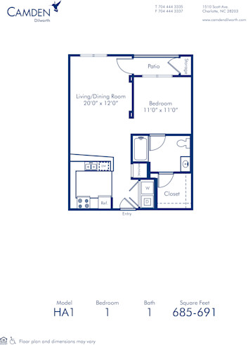 Blueprint of HA1.2 Floor Plan, 1 Bedroom and 1 Bathroom at Camden Dilworth Apartments in Charlotte, NC