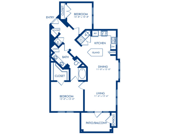 Blueprint of Maple Floor Plan, 2 Bedrooms and 1 Bathroom at Camden Whispering Oaks Apartments in Houston, TX