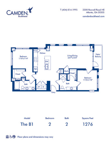 Camden Buckhead apartments Atlanta, Georgia 2 bedroom, 2 bath, floor plan B1.A