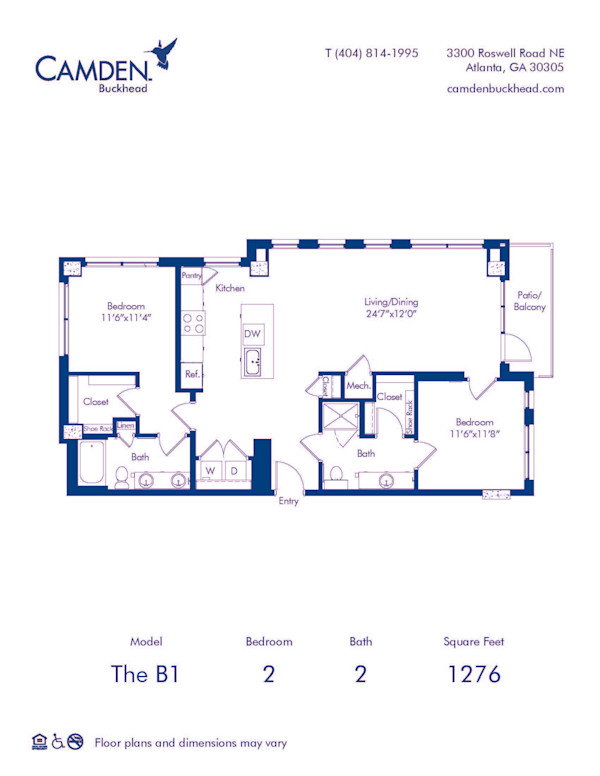 Camden Buckhead apartments Atlanta, Georgia 2 bedroom, 2 bath, floor plan B1.A