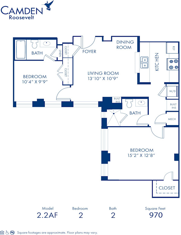 Blueprint of 2.2AF Floor Plan, 2 Bedrooms and 2 Bathrooms at Camden Roosevelt Apartments in Washington, DC