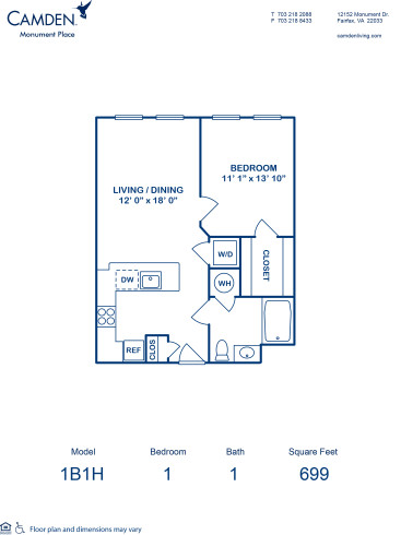 Blueprint of 1B1H Floor Plan, 1 Bedroom and 1 Bathroom at Camden Monument Place Apartments in Fairfax, VA