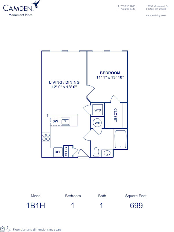 Blueprint of 1B1H Floor Plan, 1 Bedroom and 1 Bathroom at Camden Monument Place Apartments in Fairfax, VA