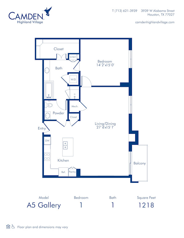Camden Highland Village apartments in Houston, TX Gallery one bedroom floor plan A5